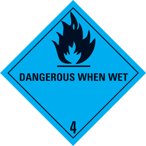 Afbeelding van 4.3 Stoffen die in contact met water brandbare gassen ontwikkelen met tekst ("Dangerous When Wet")