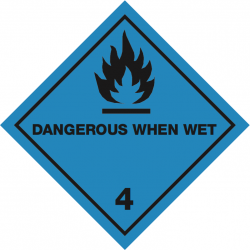 Toon details van 4.3 Stoffen die in contact met water brandbare gassen ontwikkelen met tekst ("Dangerous When Wet")