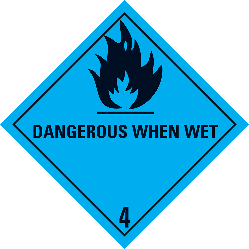 Afbeelding van 4.3 Stoffen die in contact met water brandbare gassen ontwikkelen met tekst ("Dangerous When Wet")